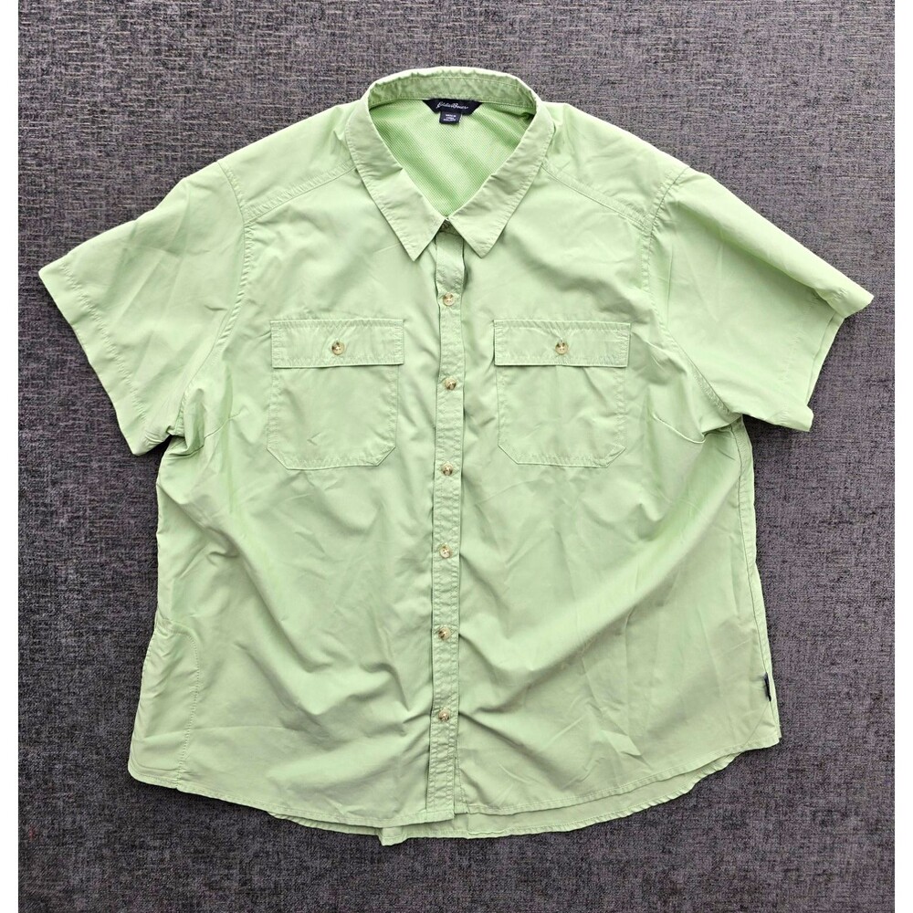 Eddie Bauer Mens 2XL Green Solid Short Sleeve Woven Button Up Shirt Pockets